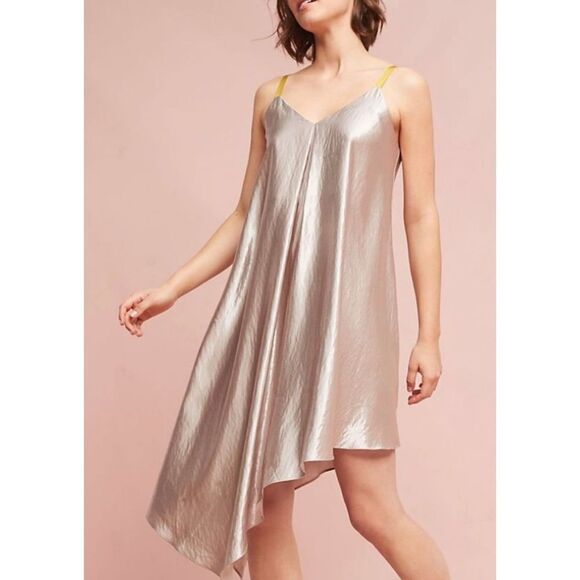 Floreat Asymmetrical Slip Dress Women's Small Metallic Silver Spaghetti Midi - Picture 1 of 9